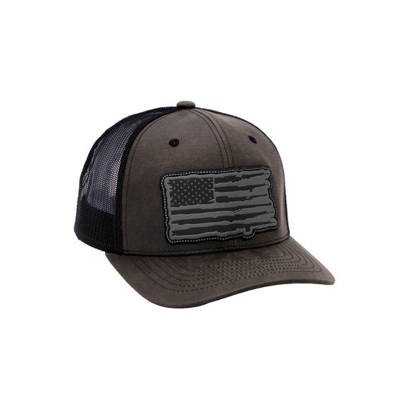Rifle American Flag Oiled Faux Leather Trucker Hat:‎ Black - Picture 1 of 11